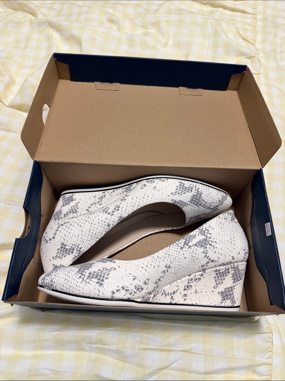 Cole Haan White and Gray Snake-Print Wedge Pumps